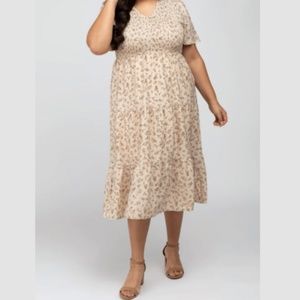 Cream Floral Smocked Tiered Plus Midi Dress | PinkBlush